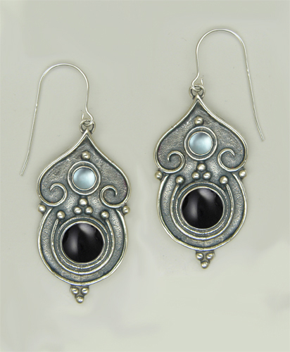 Sterling Silver Gothic Inspired Drop Dangle Earrings With Black Onyx And Blue Topaz